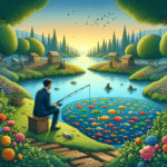 DALL·E 2024 01 17 08.14.25 Illustration for the theme fishing in the right fish pond with a businessman as the fisherman. The image shows a serene, picturesque pond surrounded
