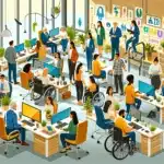 DALL·E 2024 02 14 08.07.16 Illustration depicting Diversity, Equity, Inclusion, and Belonging in an office environment. The scene shows a diverse group of people working togethe