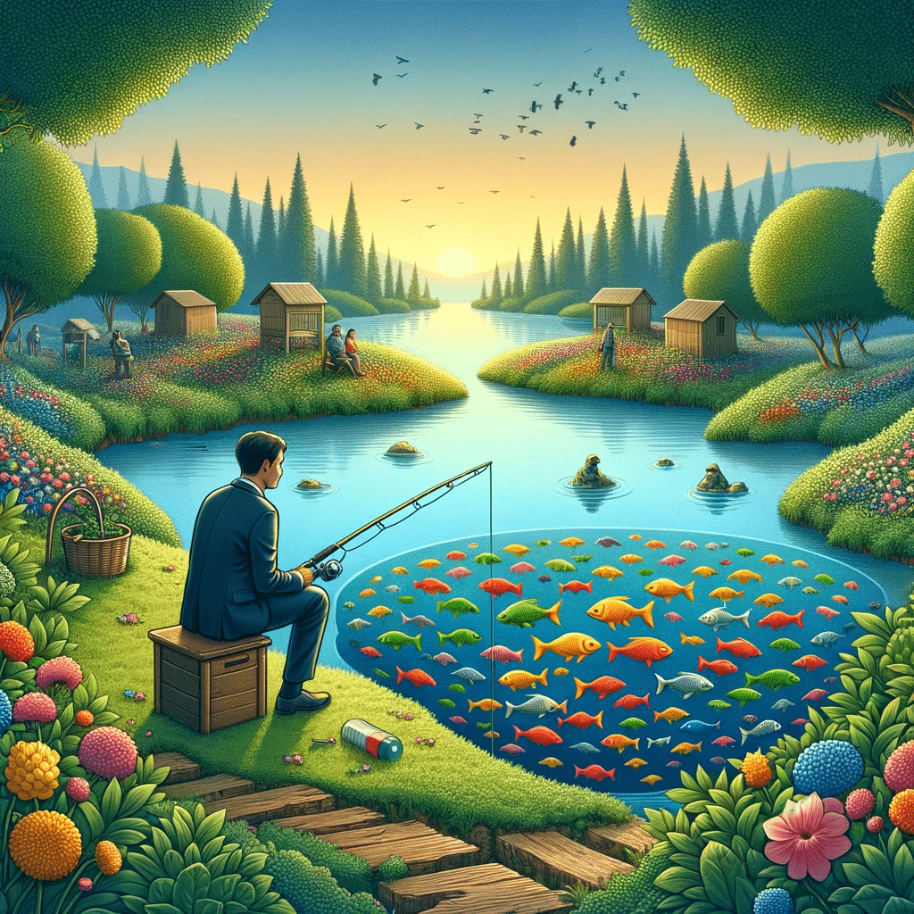DALL·E 2024 01 17 08.14.25 Illustration for the theme fishing in the right fish pond with a businessman as the fisherman. The image shows a serene, picturesque pond surrounded
