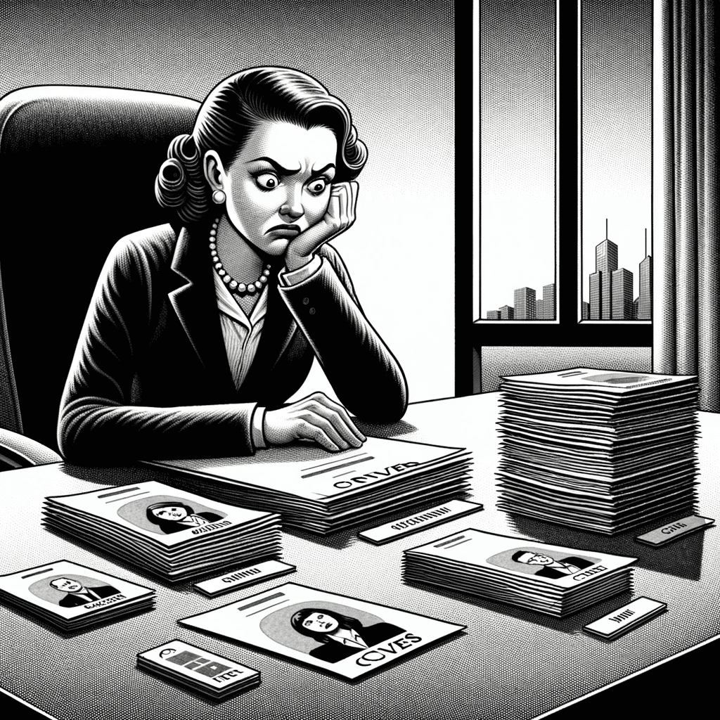 DALL·E 2024 01 24 09.13.13 A black and white illustration of a frustrated manager with an even smaller stack of CVs on her desk. The scene is in a business office. The manager,