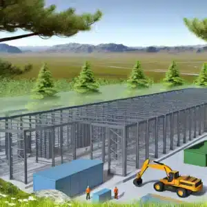 DALL·E 2024 10 02 08.00.28 An illustration showing a data center construction site with an environment featuring surrounding nature. The scene includes the steel framework of th